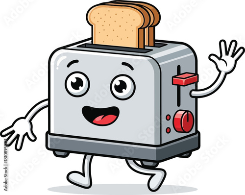 Delightful cartoon toaster character cheerfully waving with golden brown toast ready for breakfast, perfect for playful kitchen or food illustrations