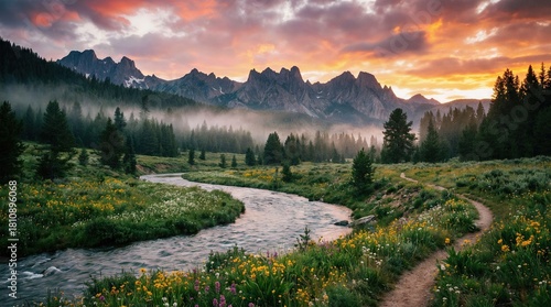 Mystical Foggy Mountain Valley at Sunset with Winding River and Forest