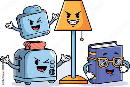 Fun cartoon characters bringing humor to everyday objects like a toaster, lamp, and book makes for cheerful design elements full of personality