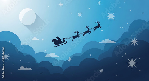 Santa Claus Sleigh Reindeer Night Sky Moon Christmas Illustration