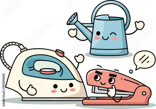Whimsical cartoon illustration featuring happy household items like iron, watering can, and stapler for playful designs and creative projects