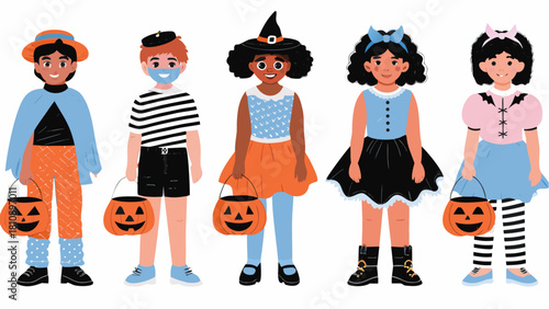 Festive Halloween fun featuring children dressed in costumes holding pumpkin pails for trick or treating