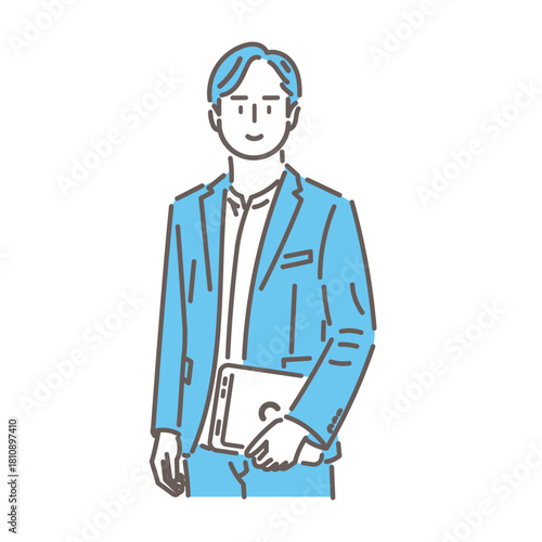ノートパソコンを持つスタイリッシュなビジネスマンのイラスト