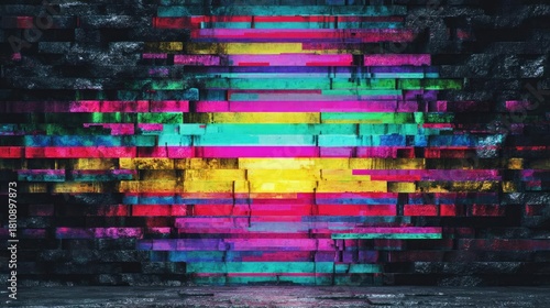 Dynamic collage mixing news and digital screens concept. Vibrant abstract art with colorful glitch effects on dark background.