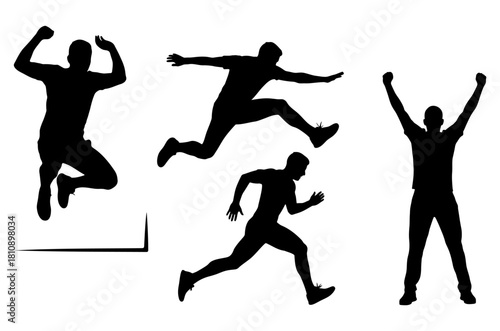 Active man silhouette set showing jumping, running, and celebrating victory