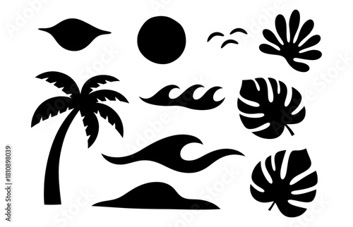 Tropical beach silhouette vector set of palm tree, sun, wave, monstera leaf, bird, and seashell icons illustration