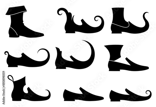 Collection of black fantasy shoe silhouettes, set of different medieval elf boots and footwear icons