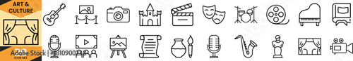 Art and culture modern outline icon set. collection of various symbols related to creativity, entertainment, and history. Vector
