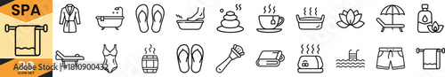 A versatile collection of spa and wellness outline icons illustrating relaxation, beauty, health, and personal care. Vector