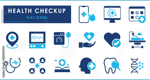 A set of flat icons related to Health Checkup. Dental, DNA, healthy, digital, computer, patient, regular checkup, location, stethoscope, and so on.