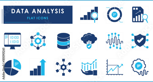A set of flat icons related to data analysis. Data, digital, security, physical, statistical, histogram, graph, wave, gear, cloud, binary, and so on.