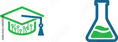 Digital learning and scientific research depicted through graduation cap and flask symbolizing education in technology and science with a green and blue color scheme against white background