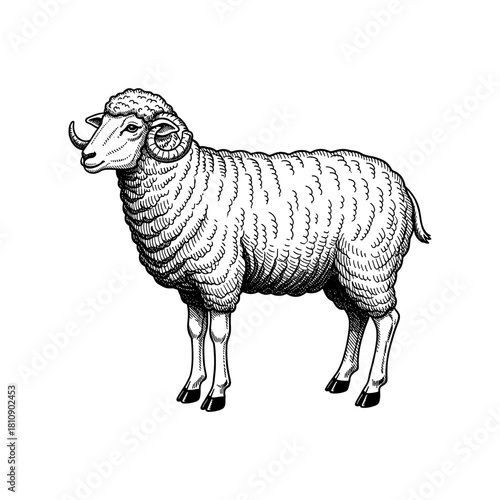 standing sheep in vector. Wool, lamb symbol. Farm animal vintage vector illustration