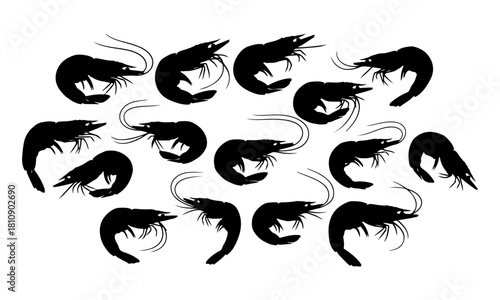 An artful grouping of black shrimp silhouettes against a pure white backdrop, ideal for diverse graphic design projects, seafood branding, or culinary themes
