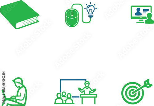 E learning and online education vector icons illustrating study process and educational technologies concept for remote learning and knowledge enhancement in the modern digital age