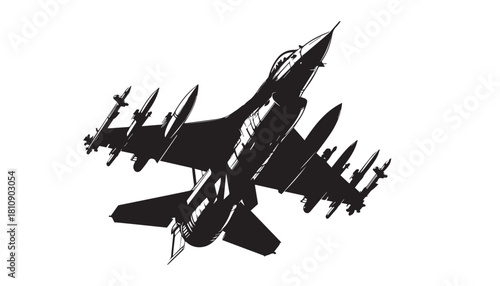 black color military aircraft silhouette vector illustration, solid white background