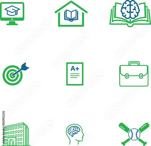 Education and Learning Icon Set with Academic Success and Professional Skills Development Represented by Graduation Cap Book Brain Target Grade Briefcase School and Baseball Graphics