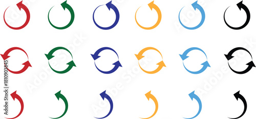 Circular arrows set - multicolor refresh arrow icons set vector - curved loop in red, green, blue, yellow, black