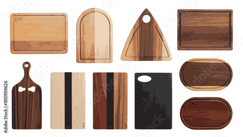 Assortment of Wooden Cutting Boards in Various Shapes and Sizes on White Background chopping board
