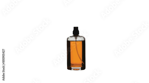 Clear Glass Perfume Bottle with Amber Liquid and Black Sprayer on White Background Keywords: perfume, fragrance, beauty, cosmetic, liquid, amber, brown, glass, bottle