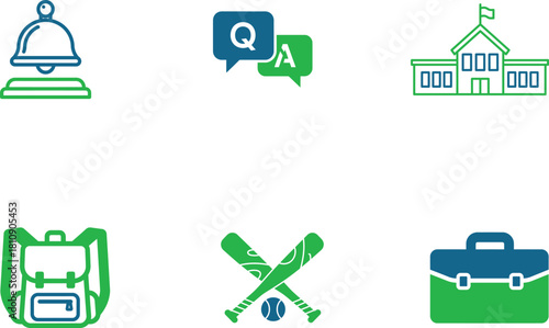School and education vector icon set featuring diverse elements for learning and academic success including bell question and answer school building backpack baseball equipment and briefcase