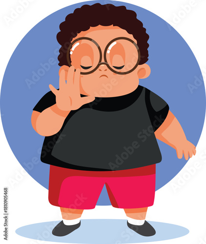 Overweight Boy Making Stop Hand Gesture Vector Cartoon. Sad child feeling disappointed refusing the verbal aggression 
