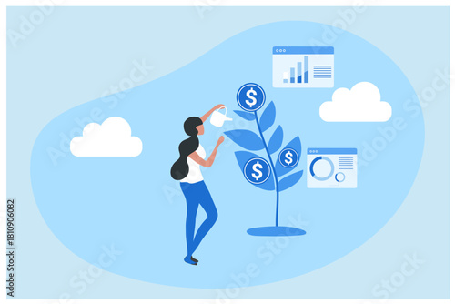 Financial profit concept. Woman watering plant with coins. financial literacy and passive income. Economy, investment and trading	
