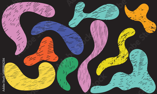 Colorful abstract scribble shapes . Funky abstract crayon drawn fluid shapes. Vibrant hand-drawn abstract blobs in multiple colors, ideal for creative backgrounds, playful graphic design.