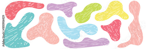 Colorful abstract scribble shapes . Funky abstract crayon drawn fluid shapes. Vibrant hand-drawn abstract blobs in multiple colors, ideal for creative backgrounds, playful graphic design.