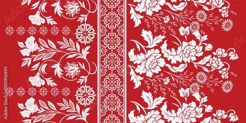 floral pattern vintage ethnic modern embroidery texture boho design vector illustration hand drawn pink flower motif branches leaves wallpaper seamless background border.	
