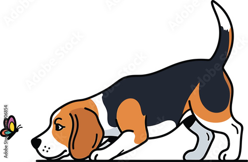 Cartoon Beagle Sniffing Butterfly Vector Illustration Playful Design Hound Dog Puppy Clipart Pet Lover Art Breed Animal Friend Cute Face