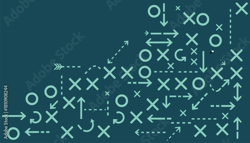 Complex abstract background illustrating a strategic game plan with X and O symbols and directional arrows for tactical success
