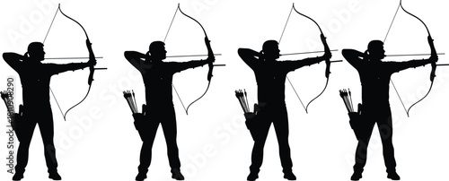 Archery Silhouette Group of Four Archers Aiming Bow and Arrow Drawing Tension Ready to Shoot Target Sports Competition