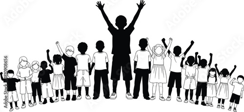 Diverse Group of Children Raising Hands in Celebration Unity and Joy Large Crowd of Kids Silhouettes Together Standing Proud