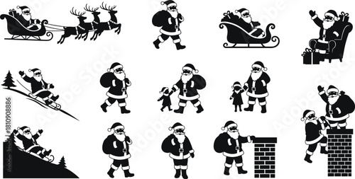 Santa Claus Silhouette Set with Sleigh Reindeer Chimney Bag of Gifts and Children Christmas Holiday Vector Icon Collection
