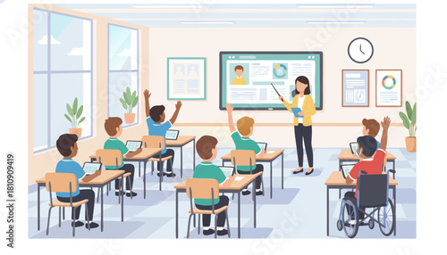 Modern Classroom with Diverse Students Engaged in Learning