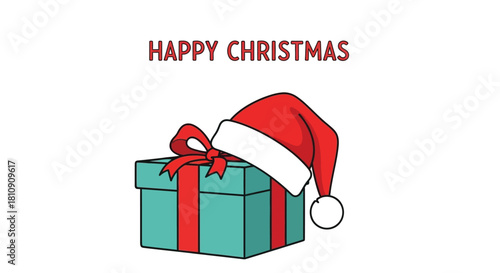 Happy christmas above wrapped gift box with a Santa hat