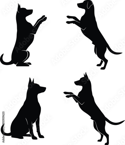 Silhouette illustration of obedient dogs sitting and standing on hind legs, showcasing training poses, pet behavior, discipline, loyalty, and playful canine actions