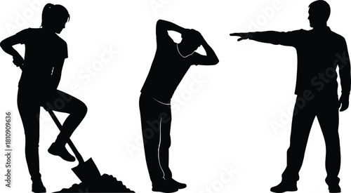 Silhouette illustration of workers performing different tasks, including digging, stretching, and directing, ideal for labor, construction, teamwork, and occupational concept designs