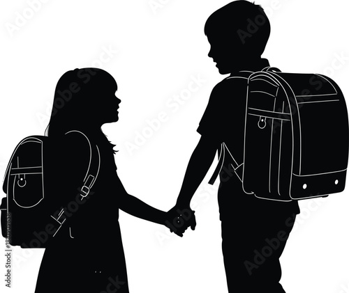 Silhouette of two school children holding hands with backpacks, symbolizing friendship, childhood education, support, safety, and back-to-school themes in vector artwork