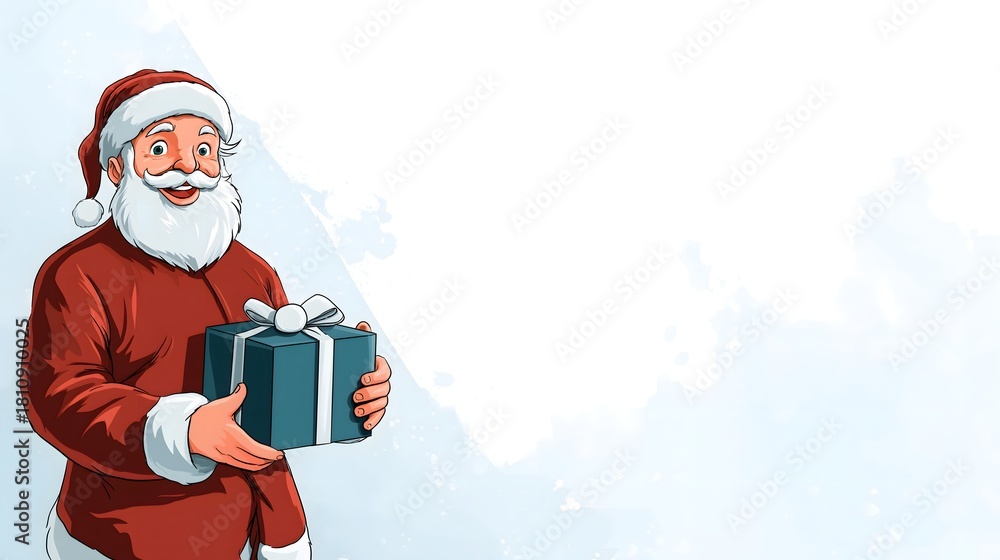 Obraz premium Cartoon Santa Claus holding a gift box on clean white background – Merry Christmas