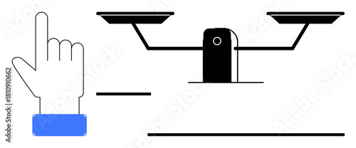 Hand with one raised finger points to balanced scales, symbolizing justice, equality, or choice. Ideal for law, decision-making, equality, balance judgment fairness clarity. Simple flat metaphor
