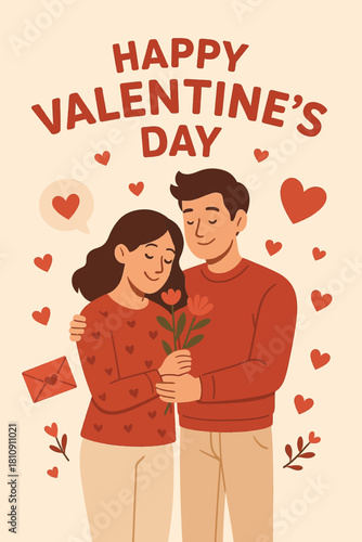 Happy valentine's day couple love hearts romance flower gift card greeting celebration holiday affection 14th vector illustration