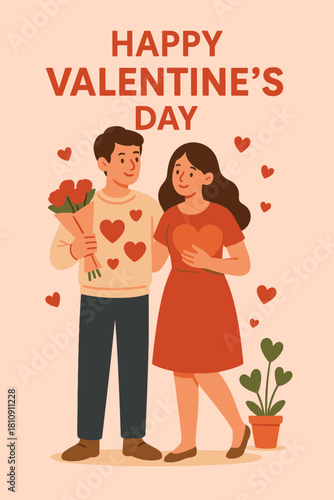 Happy valentines day couple love romance hearts flowers gift together celebration card romantic holiday vector illustration