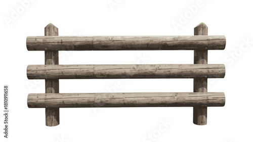 Rustic Wooden Log Fence Section with Three Horizontal Rails on White Background Keywords: fence, wood, rustic, rural, barrier, boundary, outdoor, nature, garden, farm, ranch