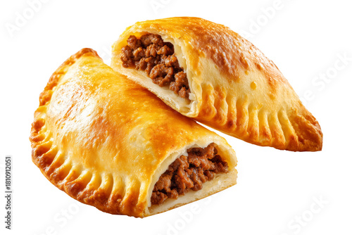 Argentina and Uruguay empanadas stacked in a pyramid, golden baked crust, meat and potato filling, isolated on white transparent background, concept of traditional South American Cuisine