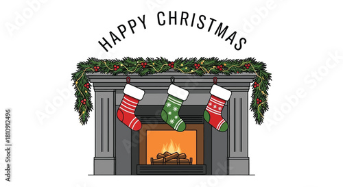 Happy christmas with three stockings hanging on fireplace mantel with green garland
