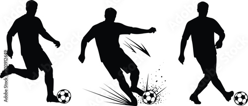Soccer player action silhouettes kicking and dribbling football vector set