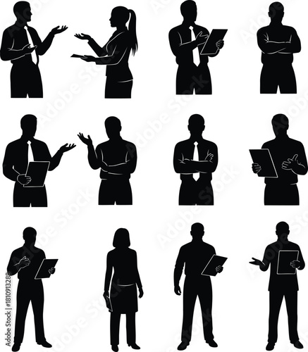 Business people silhouettes with documents and discussion poses vector set