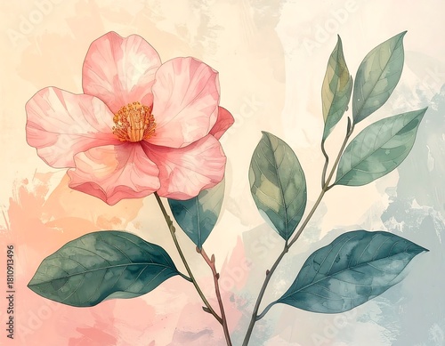 Watercolor Camellia Flower Illustration with Green Leaves on Textured Background.
